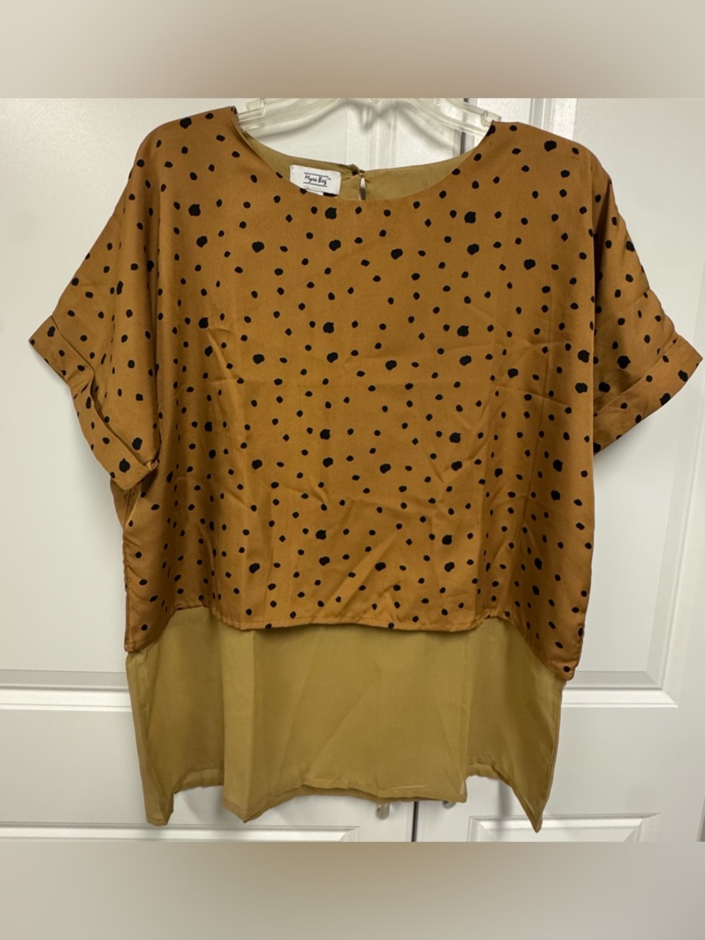 Myra Bag Wmens Size Med Peasant Boho KOOPER Top Blouse Brown W Black Dots Sheer